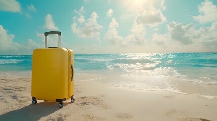 青い海と空を背景に砂浜に立つ黄色いスーツケース