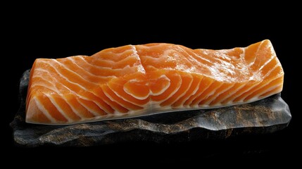 Generative AI image of a salmon fillet in high detail, highlighting its natural marbling and texture.