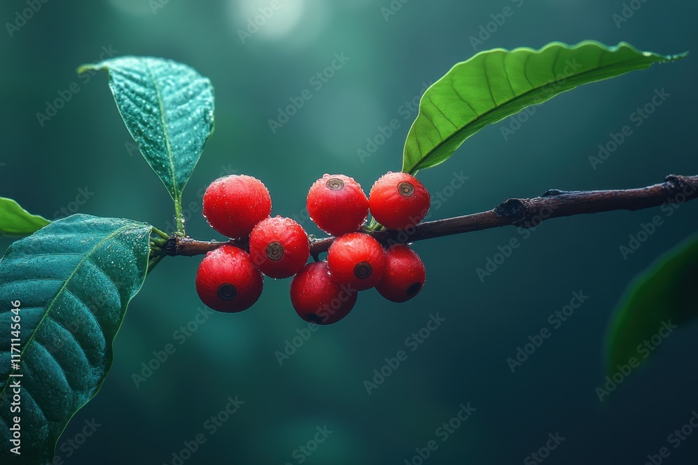 Poster red berries surrounded by green leaves thrive on a branch in a misty forest setting. generative ai