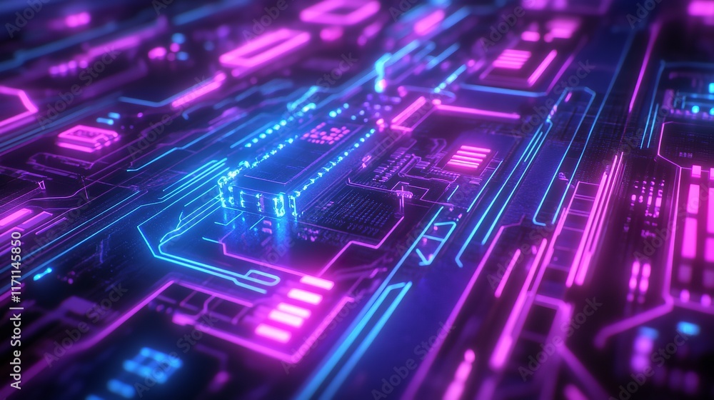 Poster neon circuit board design with glowing patterns and detailed circuitry