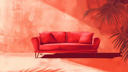 Modern and minimalist red sofa on vibrant coral background. Cinnabar. Illustration