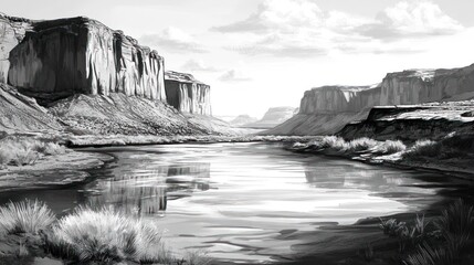 Serene River Flows Between Majestic Canyon Walls