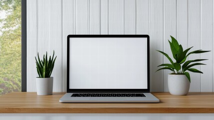 Fototapeta premium Laptop with blank screen sitting on wooden desk in modern office