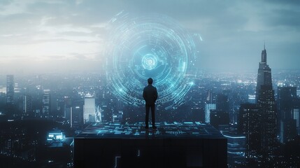 A figure stands on a rooftop, gazing at a futuristic cityscape with digital overlays.