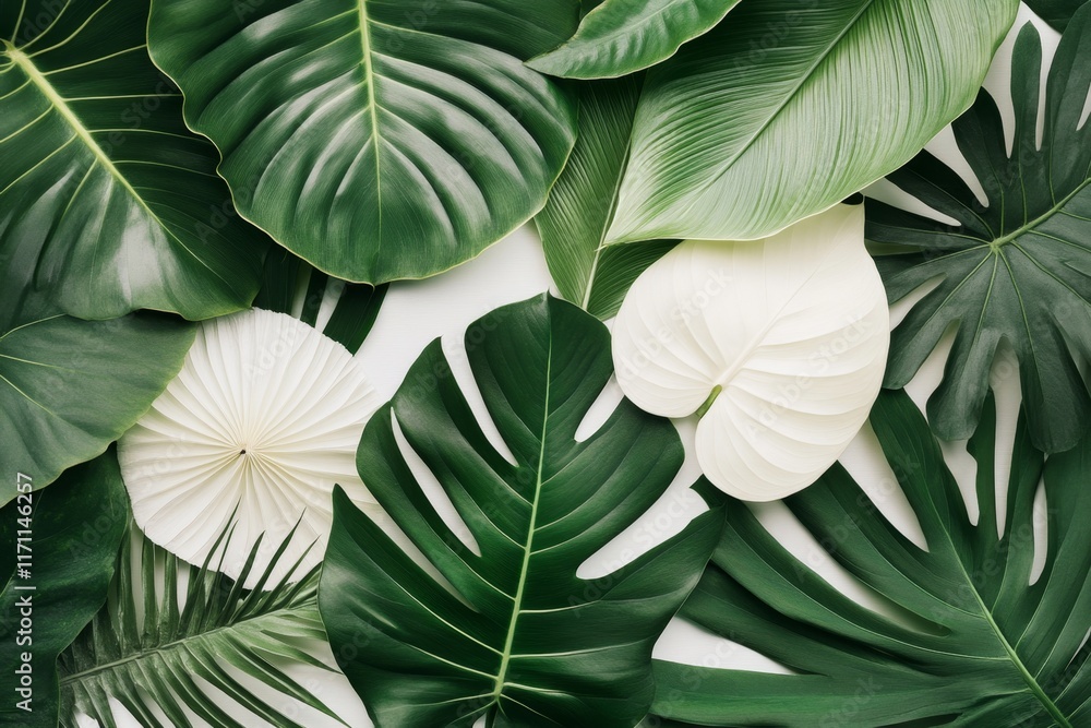 Poster a minimalist design of jungle leaves layered in abstract green shades, creating a simple and elegant