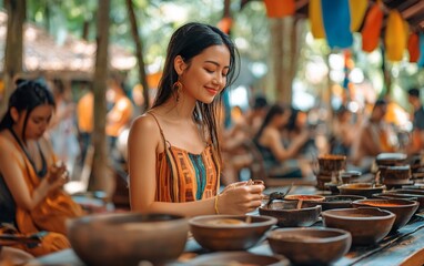 Woman participates in a vibrant, colorful, cultural dyeing workshop, surrounded by traditional bowls of natural dyes.