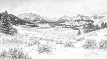 Snowy Mountain Valley Winter Landscape Scene