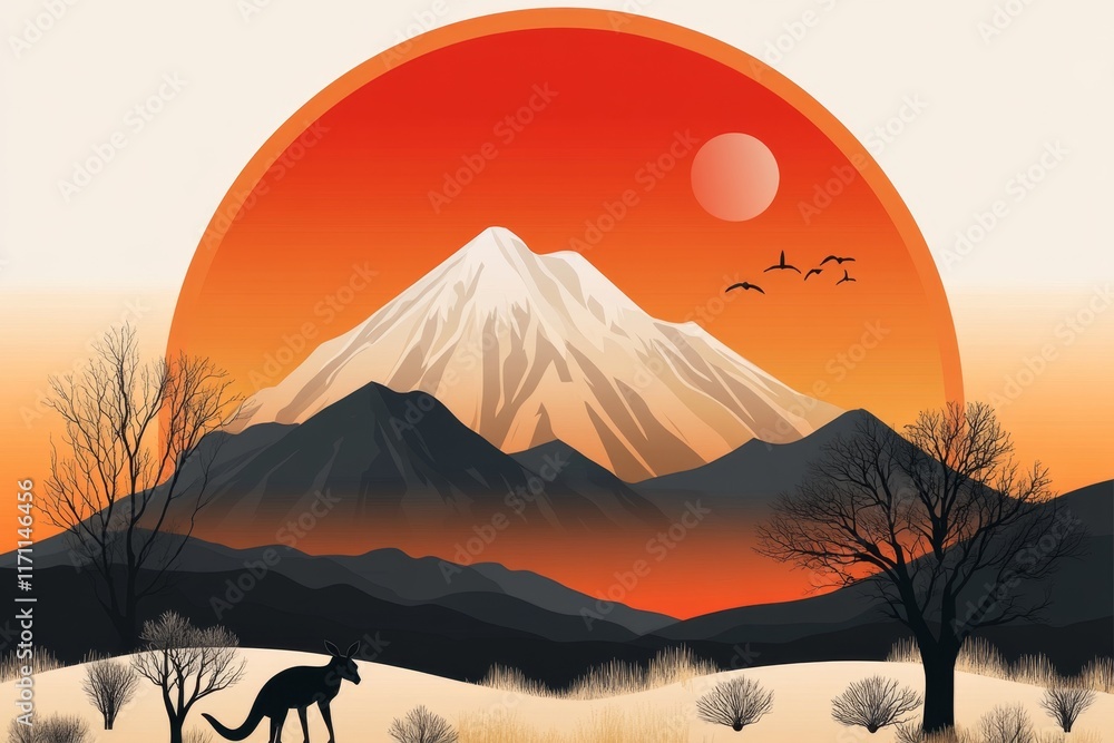 Poster a minimalist emblem featuring a kangaroo silhouette within a circle, styled in earthy tones and clea