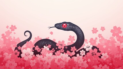 A dark snake entwined in vibrant pink cherry blossoms against a soft background.