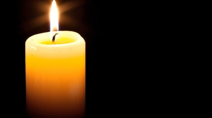 Single candle glowing on a table in a dark room, symbolizing power outage and minimalistic simplicity with ample copy space for design