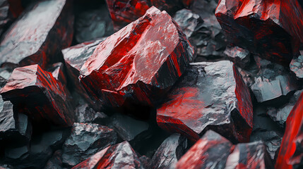 Raw cinnabar stone collection displayed on textured surface natural environment artistic close-up view. Cinnabar. Illustration