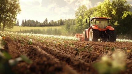 Fototapeta premium Tractor in a field, agriculture, farming, rural landscape.