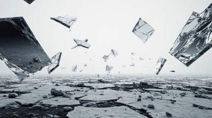 Shattered glass pieces falling on cracked earth.
