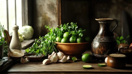 Generative AI photo of tequila lime chicken, presented with fresh ingredients in a rustic setting.