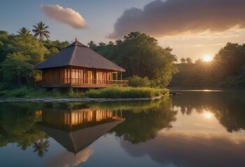 Fototapeta premium A beautiful cabin is located on a dock, right in the middle of a serene lake