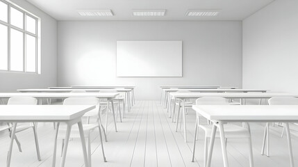 Fototapeta premium Empty white classroom, desks, chairs, whiteboard, sunlight, education, learning, teaching