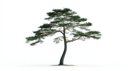 Obraz premium A solitary, symmetrical tree with a dense green canopy, standing alone on a white background, evoking symmetry and order for use in modern landscape or garden design.