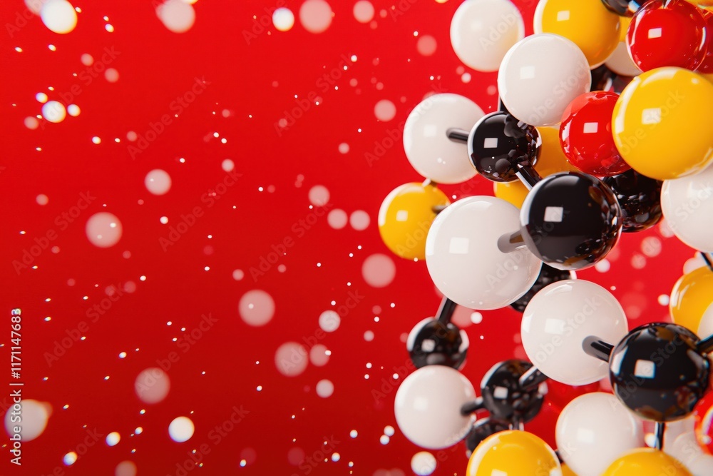 Poster colorful 3d molecular structure on a red background with floating particles and bokeh effect