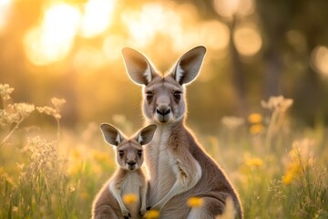 Fototapeta premium A mother kangaroo carrying her joey in her pouch, both peering curiously at the camera in a grassy field