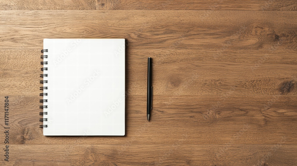 Poster blank notebook and pen resting on wooden table suggesting writing activity
