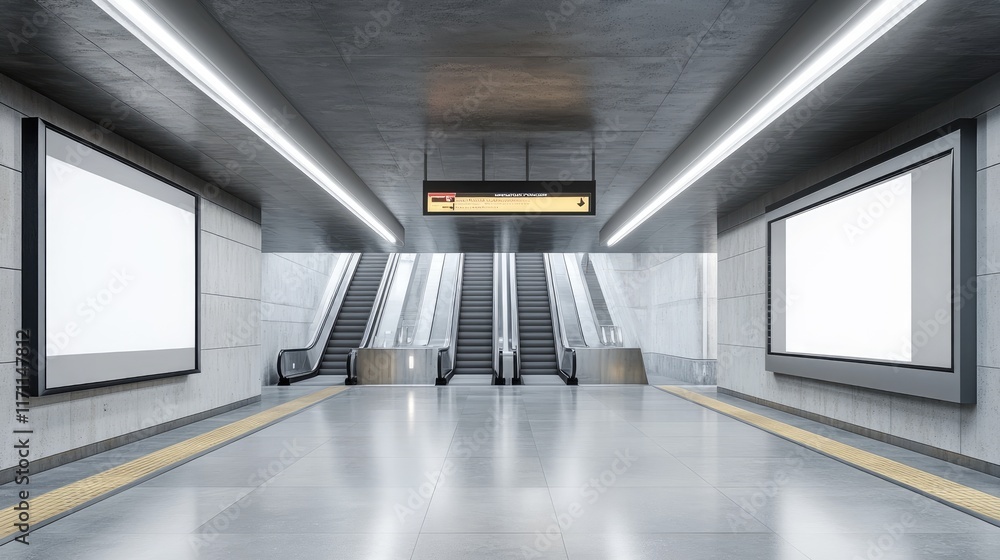 Poster generative ai visual of a minimalist subway station with blank ad posters and dual escalators framin