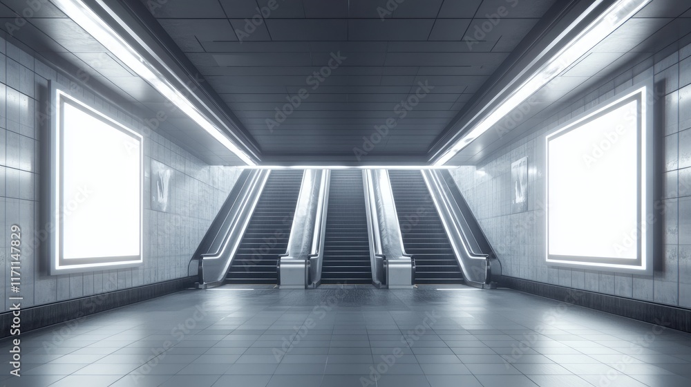Poster generative ai visual of a minimalist subway station with blank ad posters and dual escalators framin