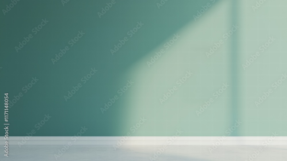 Poster green textured wall with soft sunlight creating a minimalist interior backdrop