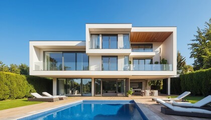 Fototapeta premium Modern Luxury Villa with Pool: A sleek and stylish modern villa with a sparkling swimming pool, showcasing the epitome of contemporary architecture and luxurious living. 