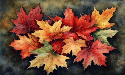 Fototapeta premium Colorful autumn maple leaves on dark background, fall nature scene