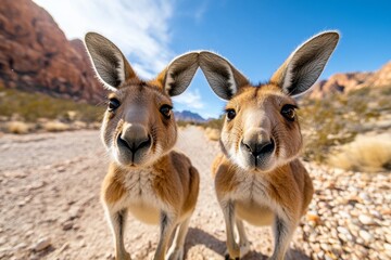 A pair of kangaroos hopping together along a sandy trail, with a bright blue sky overhead