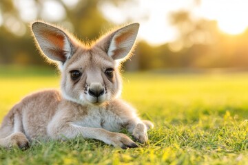 A peaceful kangaroo lying down on soft grass, basking in the warm sunlight