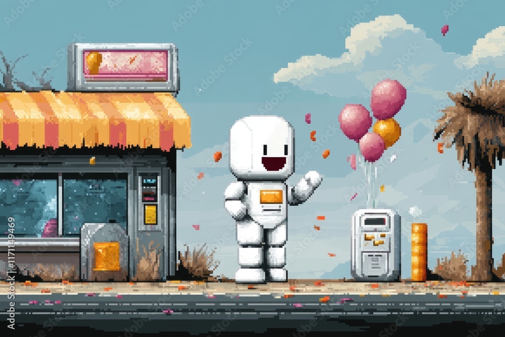 Poster A pixel art animation of a happy character jumping with joy, surrounded by pixelated confetti and balloons, set against a retro game-like backdrop