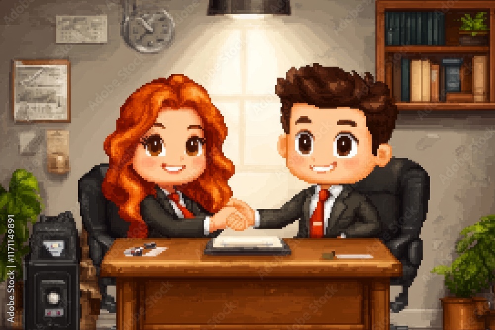 Poster A pixel art depiction of a job interview, with animated characters sitting across a desk, shaking hands in a retro game-style office
