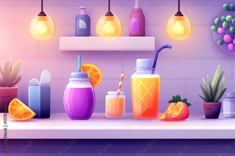 Poster a pixel art juice stand with animated glowing fruit and colorful juice bottles in a retro game-inspi