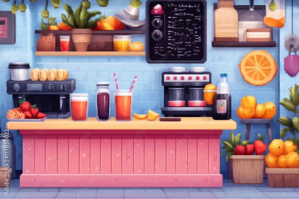 Aufkleber a pixel art juice stand with animated glowing fruit and colorful juice bottles in a retro game-inspi