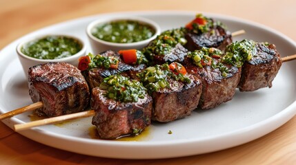 Grilled Beef Skewers with Fresh Chimichurri Sauce Served on White Plate