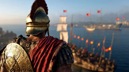 Warrior overlooks naval fleet at sunrise on a historic battlefield