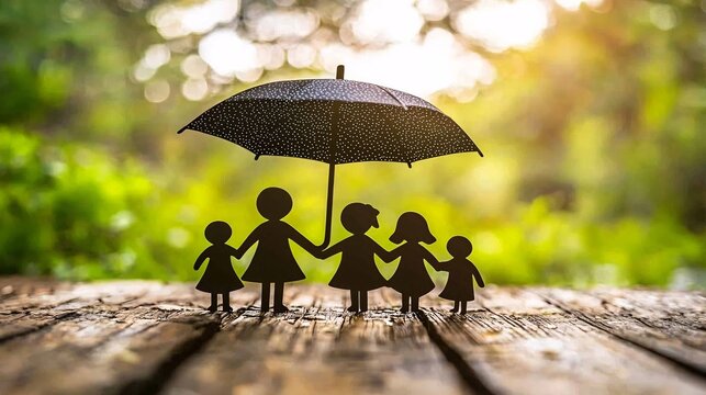 Family Insurance Security symbolic image of a protective umbrella over a family cutout figure on a table Stock Photo with side copy space