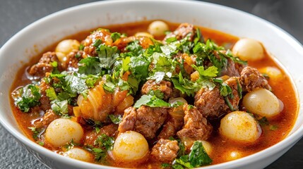 Savory Meat and Ball Soup with Fresh Herbs in a White Bowl on a Dark Background