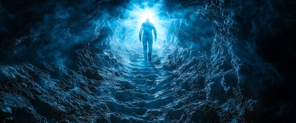 Man walks towards light in a dark, icy cave.