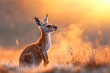 Fototapeta premium A powerful image of a kangaroo bounding across a barren desert, leaving a cloud of dust in its wake