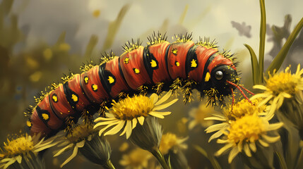 Obraz premium Cinnabar moth caterpillars feeding on ragwort flowers with pollen, caterpillar, flower eating. Cinnabar. Illustration
