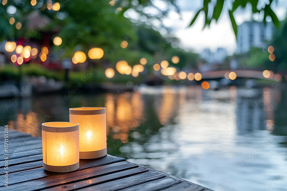 Poster glowing lanterns lining the edges of a serene river reflecting on the calm water and creating a warm