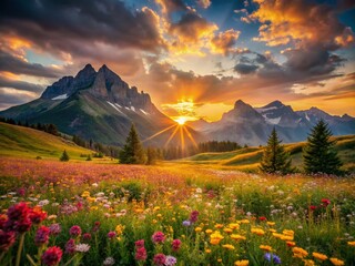Stunning Mountain Landscape at Sunset, Dramatic Sky, Peaceful Meadow