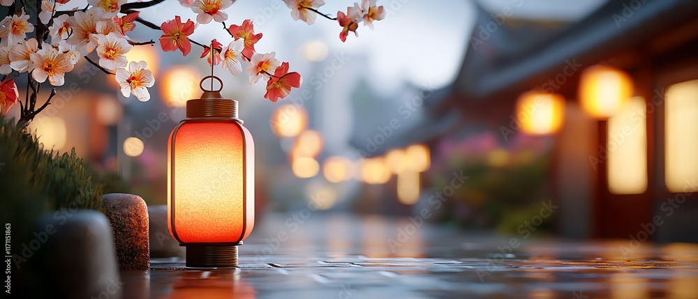 Aufkleber glowing lanterns softly illuminating a narrow alleyway creating a warm and enchanting atmosphere wit