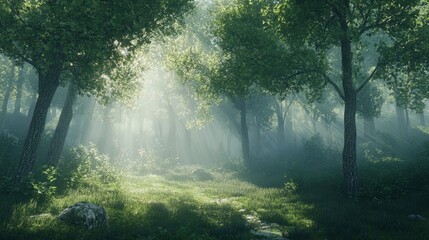 Obraz premium A serene forest clearing with sunlight streaming through the trees, creating a sense of natural freedom.