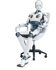 An humanlike robot sits in a chair