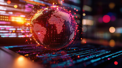 3D digital globe with data points and connections, showcasing global connectivity and technology. vibrant colors and glowing elements create dynamic visual experience