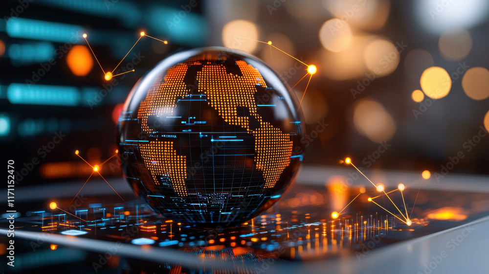 Leinwandbilder 3D digital globe with data points and connections, showcasing futuristic design. globe is illuminated with orange and blue lights, representing global connectivity and technology