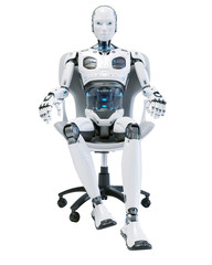 An humanlike robot sits in a chair